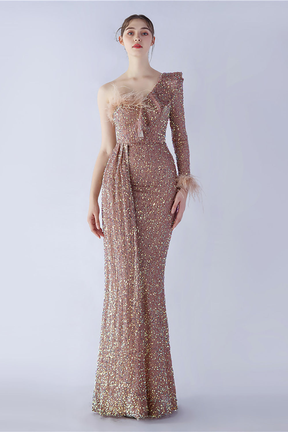 Mermaid One-Shoulder Sequin Formal Dress With Feathers