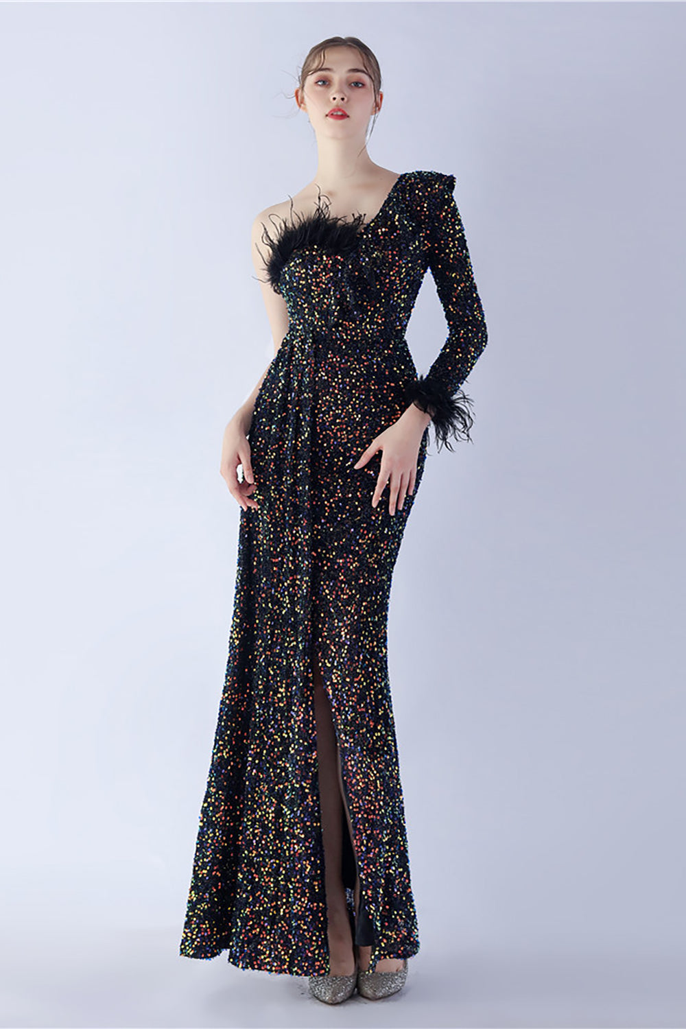 Mermaid One-Shoulder Sequin Formal Dress With Feathers