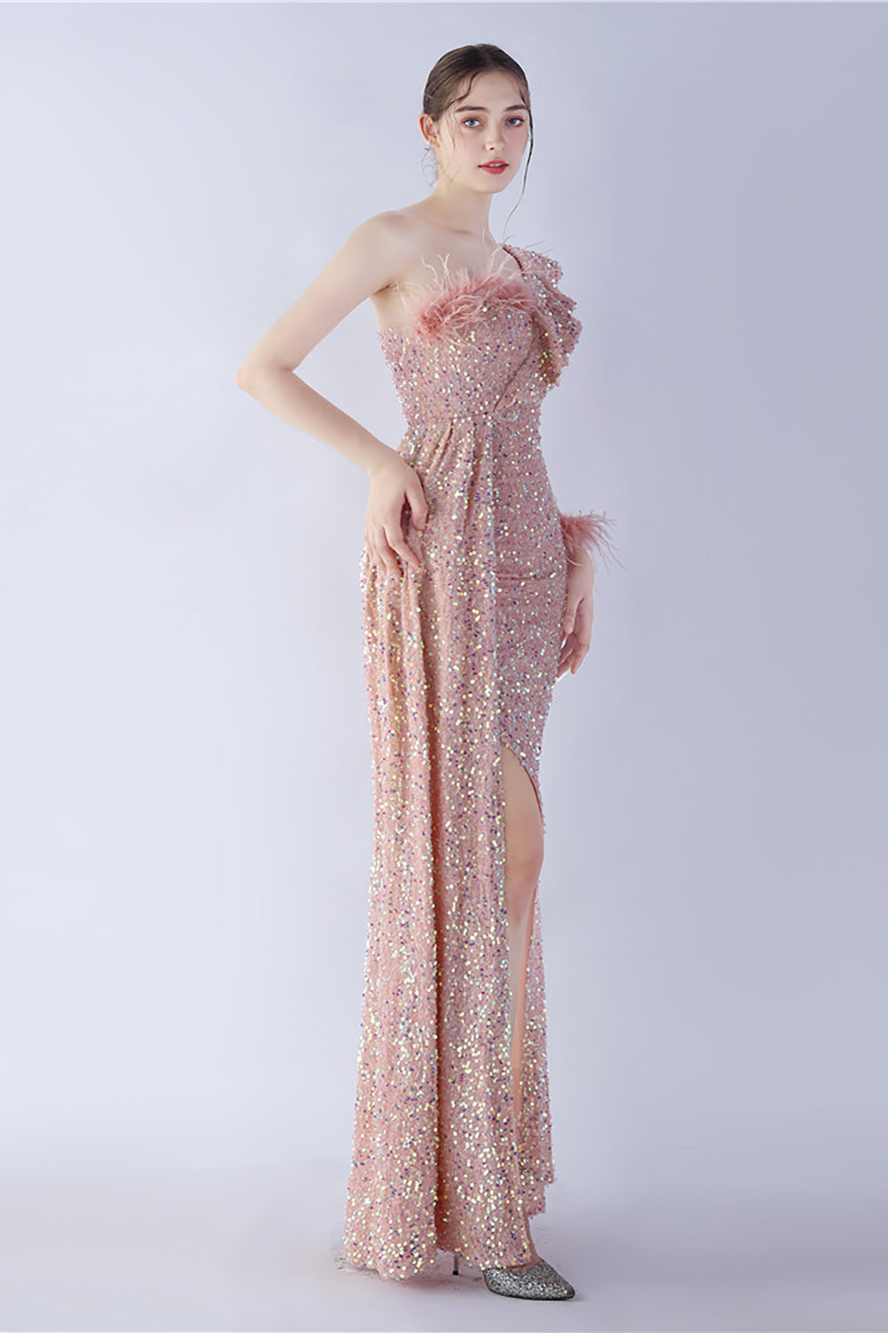 Mermaid One-Shoulder Sequin Formal Dress With Feathers