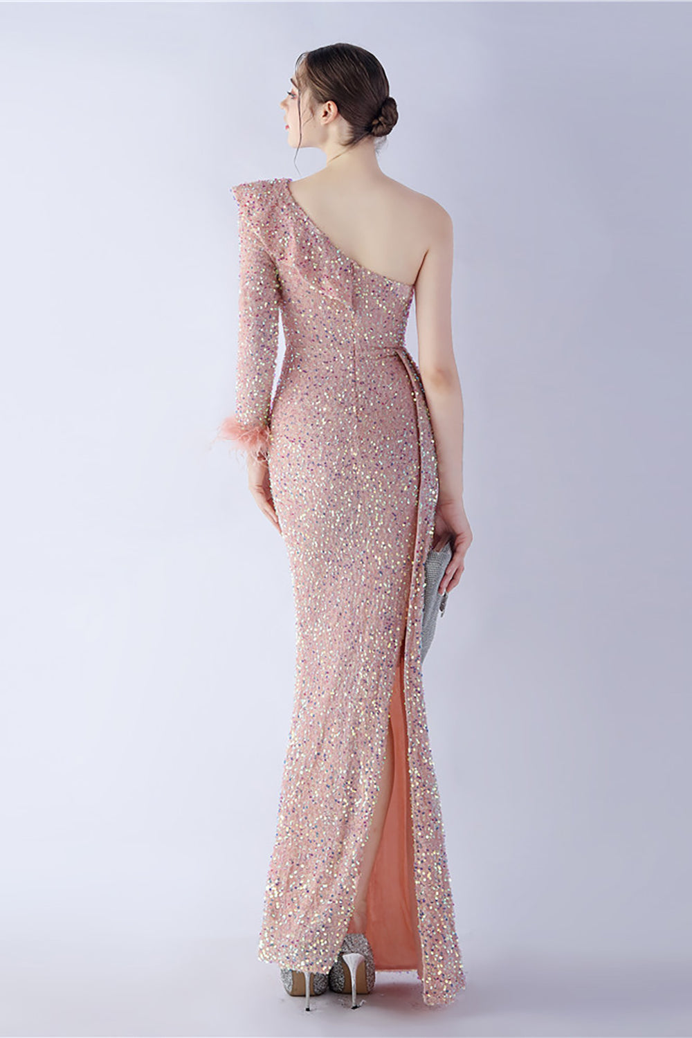 Mermaid One-Shoulder Sequin Formal Dress With Feathers