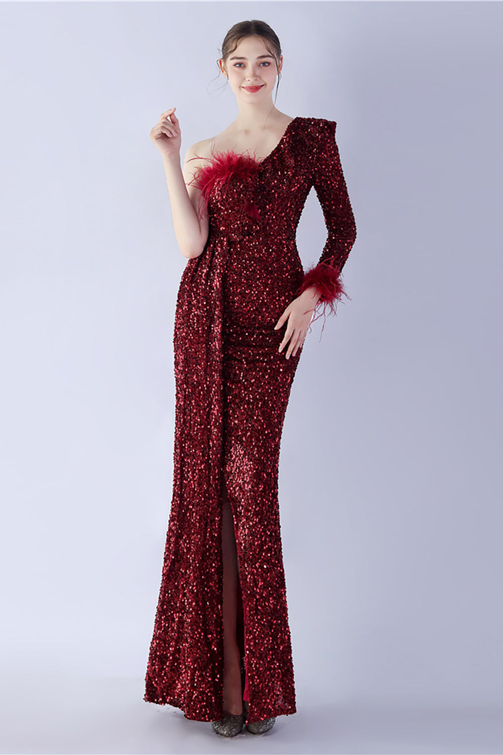 Mermaid One-Shoulder Sequin Formal Dress With Feathers