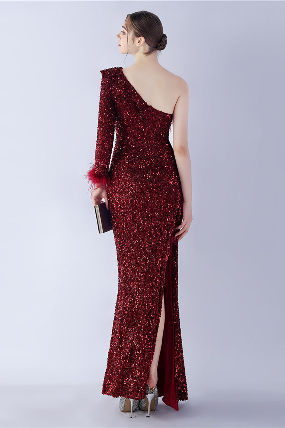 Mermaid One-Shoulder Sequin Formal Dress With Feathers