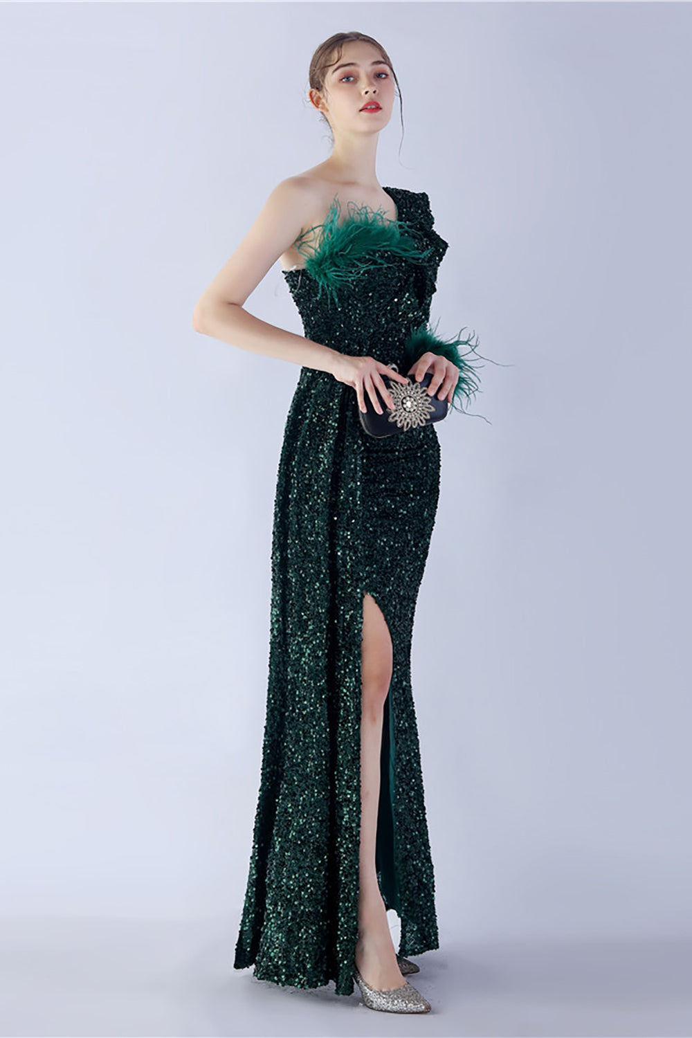 Mermaid One-Shoulder Sequin Formal Dress With Feathers