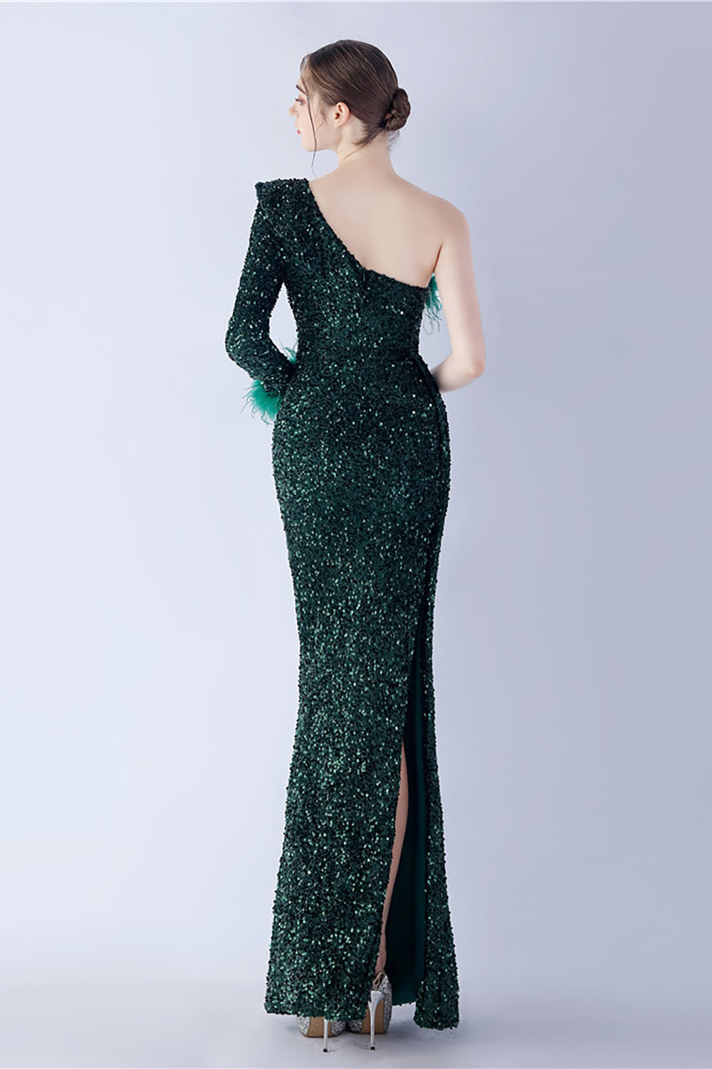 Mermaid One-Shoulder Sequin Formal Dress With Feathers