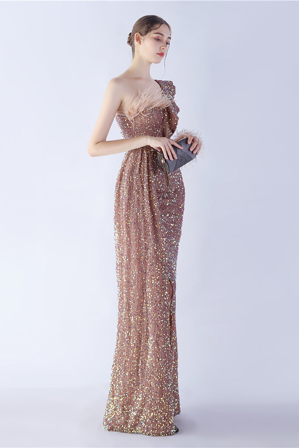 Mermaid One-Shoulder Sequin Formal Dress With Feathers