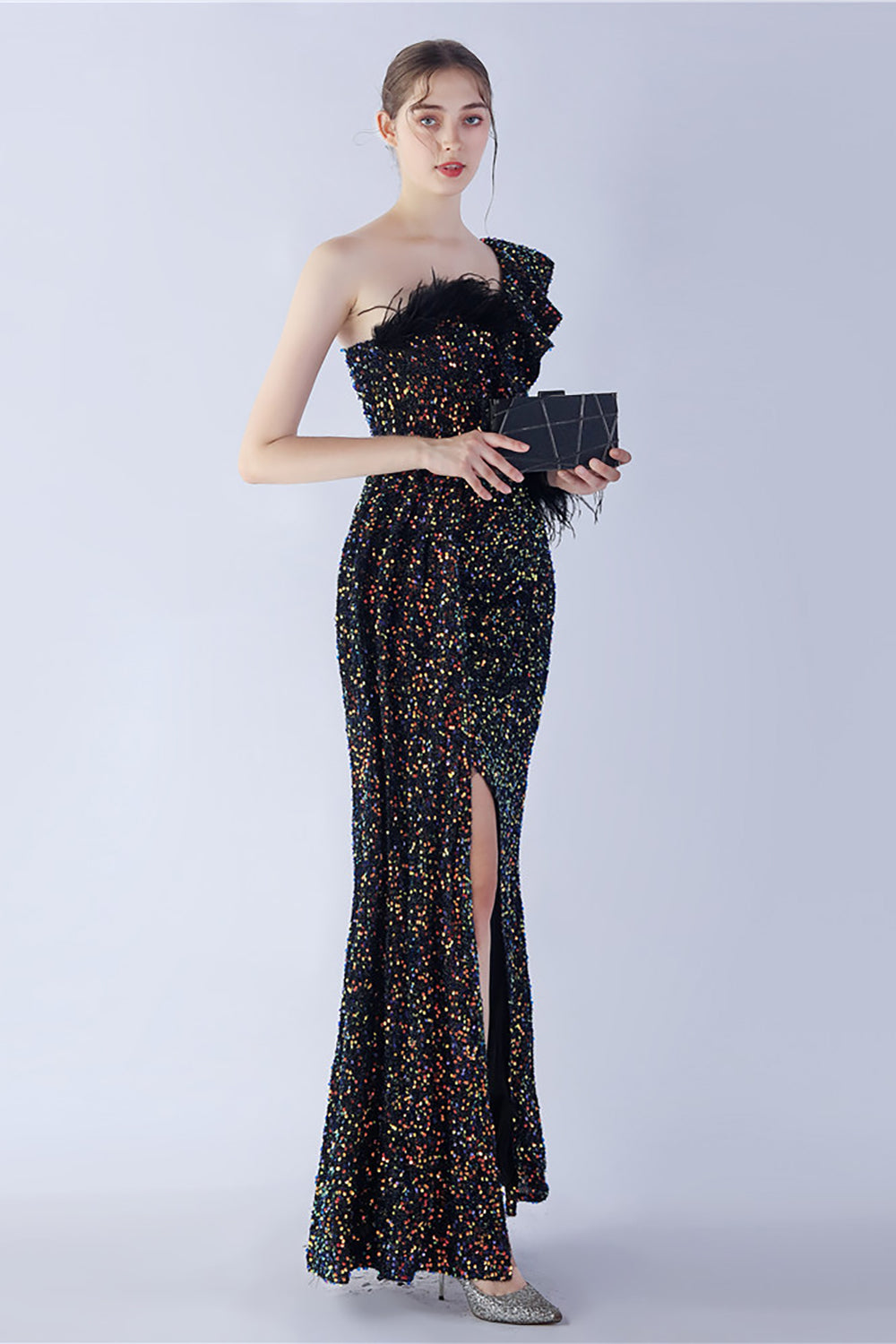 Mermaid One-Shoulder Sequin Formal Dress With Feathers