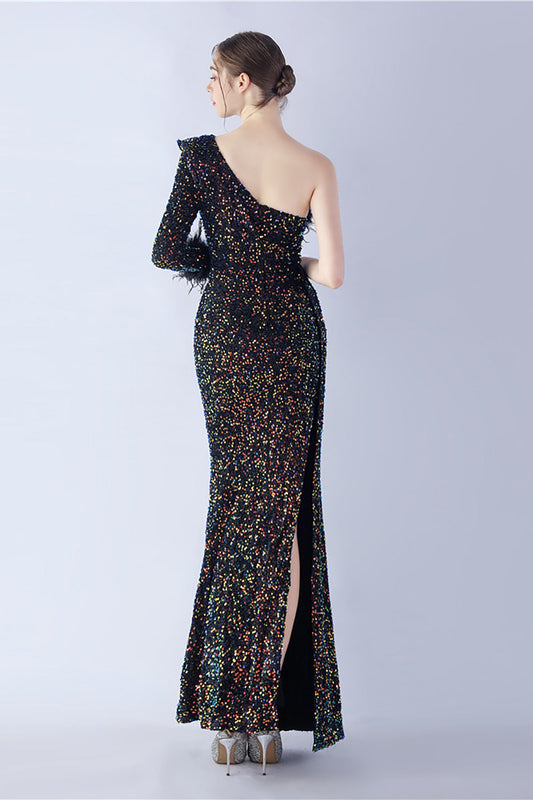 Mermaid One-Shoulder Sequin Formal Dress With Feathers