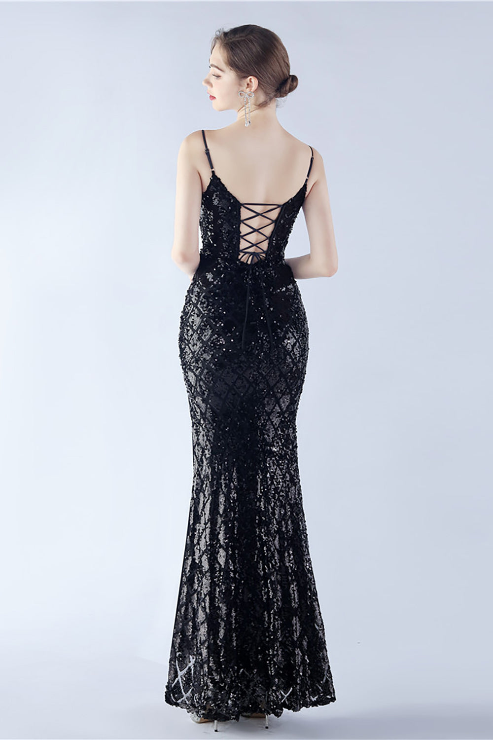 Burgundy Spaghetti Straps V-neck Sequin Sheath Formal Dress with Slit