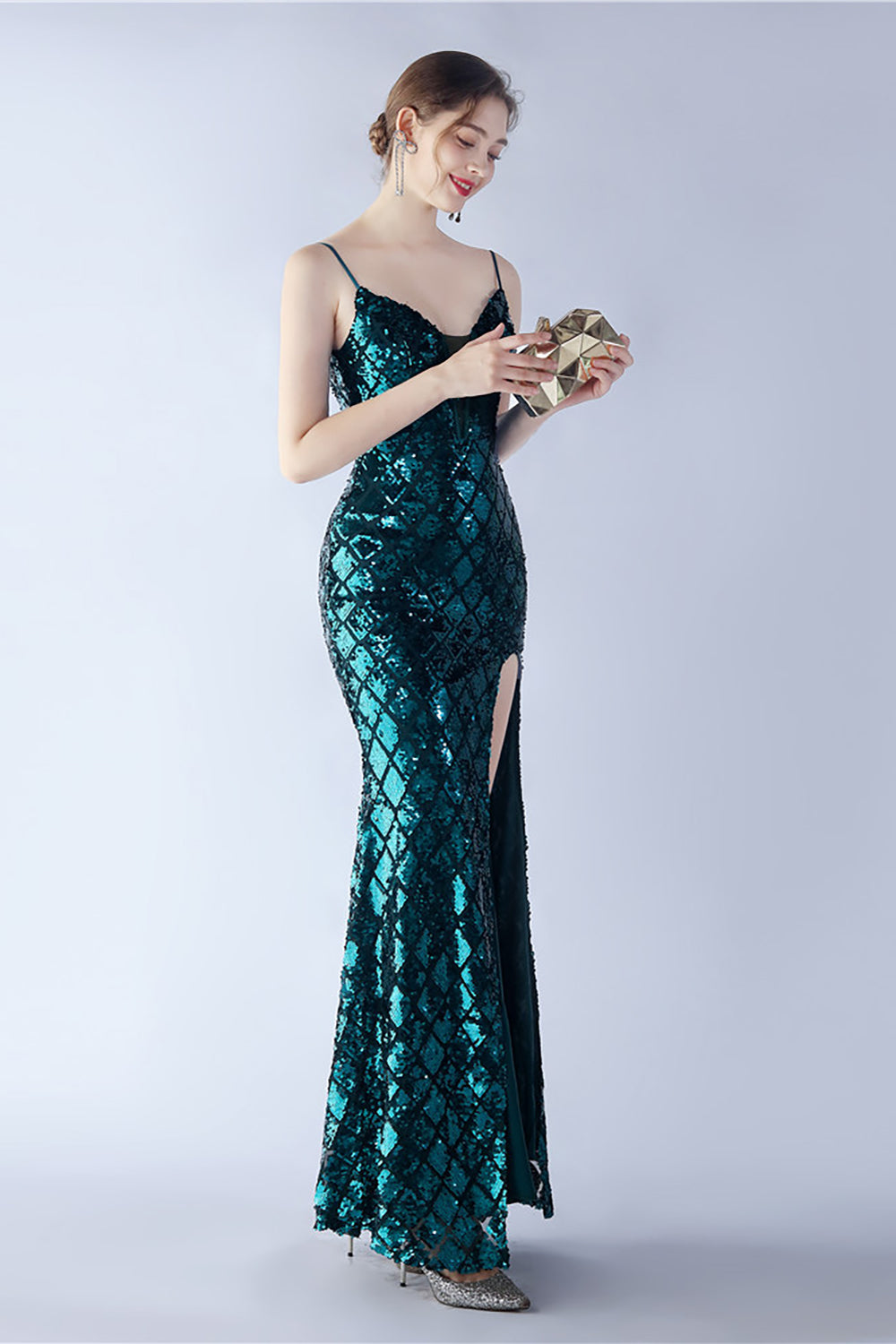 Burgundy Spaghetti Straps V-neck Sequin Sheath Formal Dress with Slit