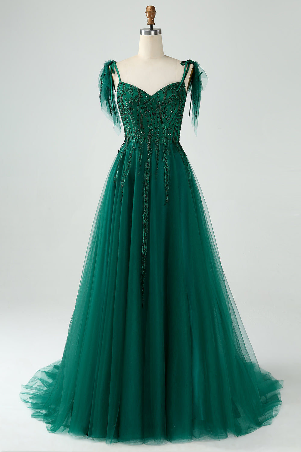 Robe de bal longue en tulle vert foncé trapèze à fines bretelles avec perles