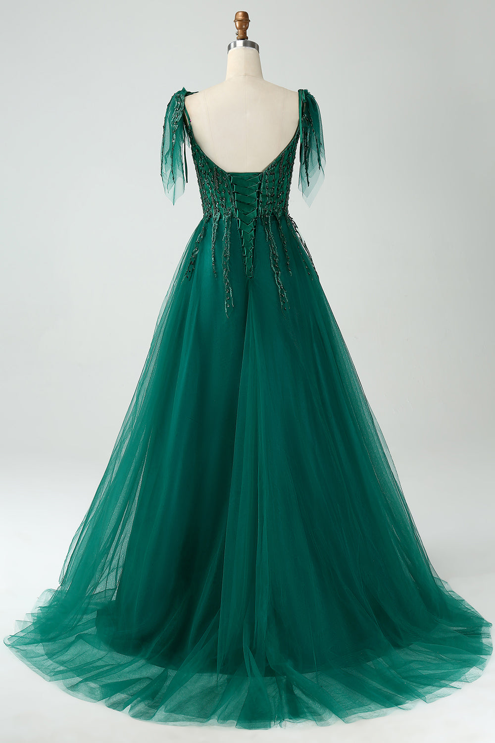 Robe de bal ligne A vert foncé à bretelles spaghetti et perles