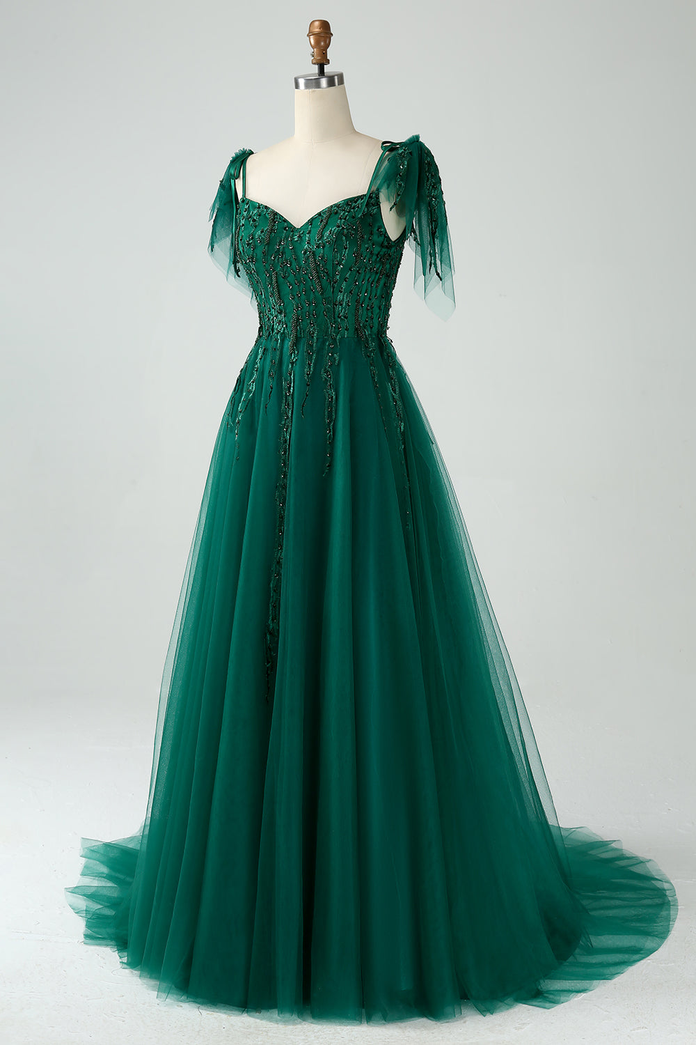 Robe de bal ligne A vert foncé à bretelles spaghetti et perles