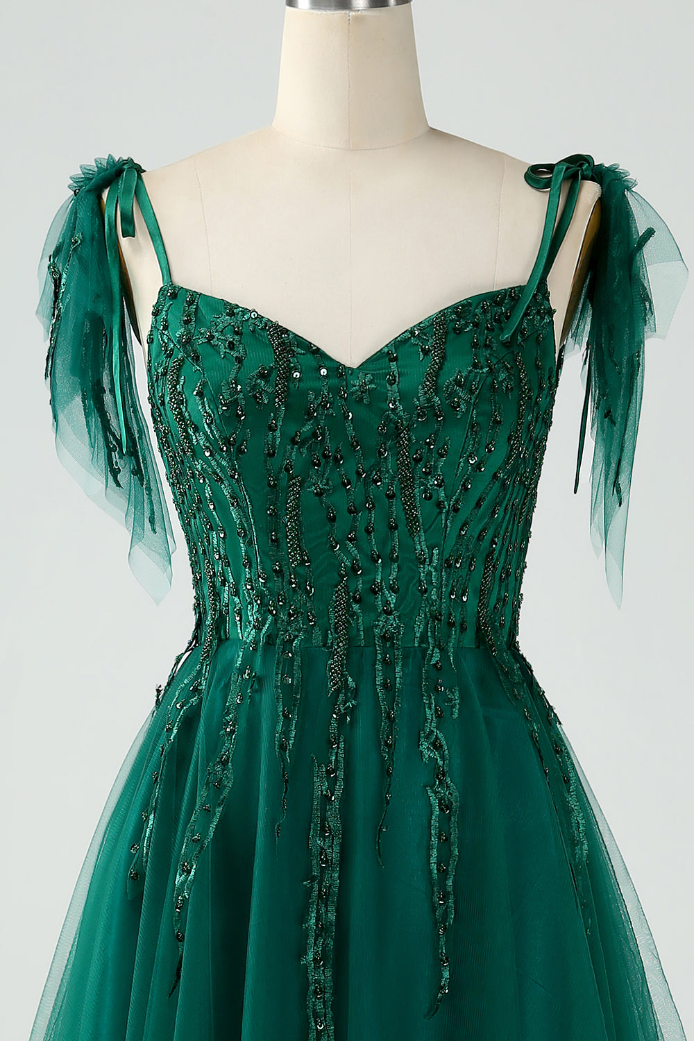 Robe de bal ligne A vert foncé à bretelles spaghetti et perles