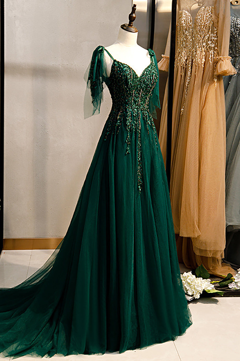 Robe de bal ligne A vert foncé à bretelles spaghetti et perles