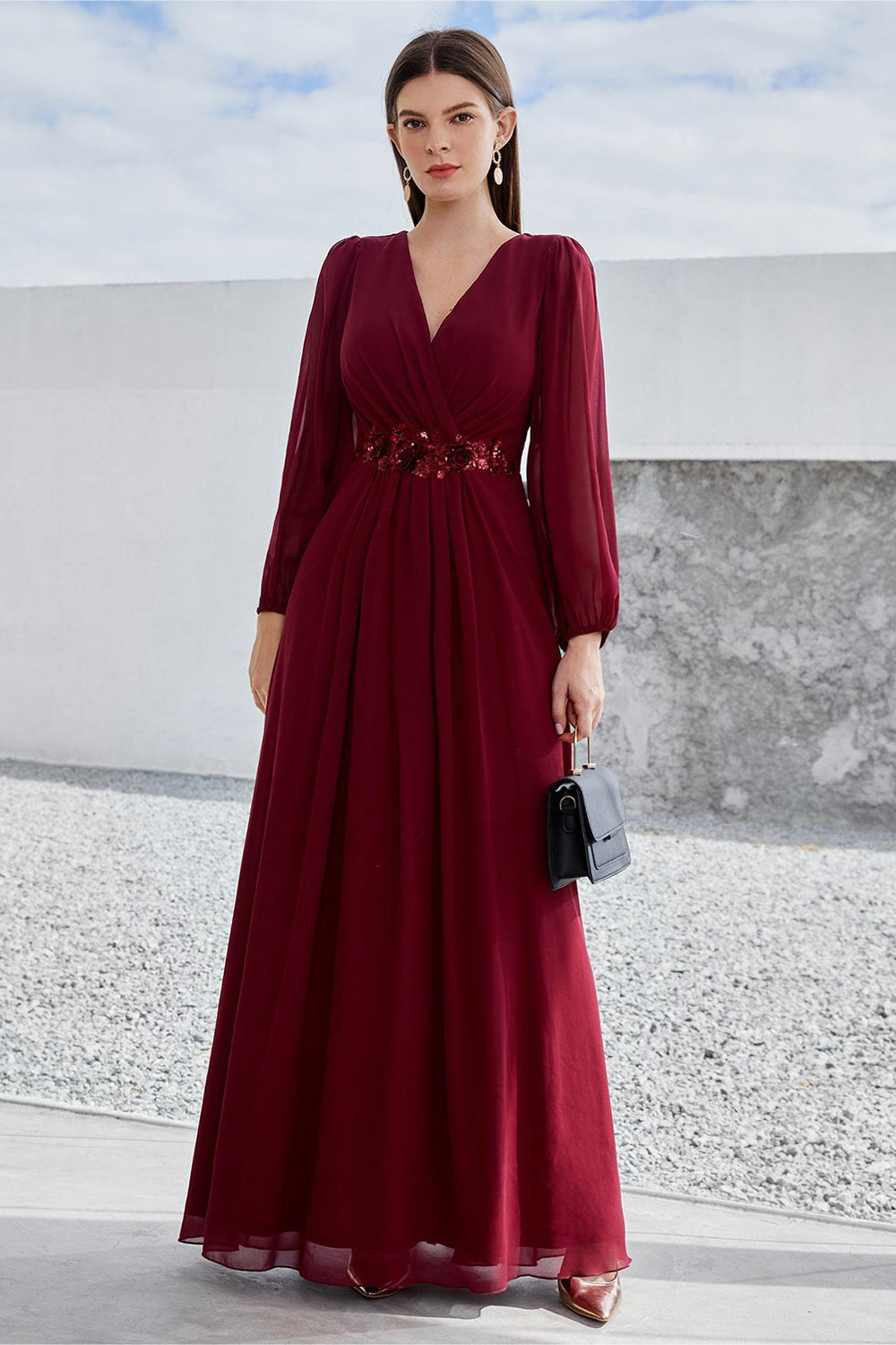 Burgundy Appliqued A-Line Long Sleeves Chiffon Choir Dress