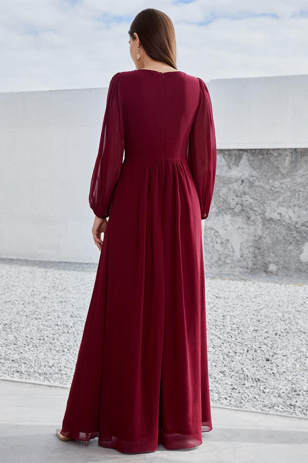 Burgundy Appliqued A-Line Long Sleeves Chiffon Choir Dress