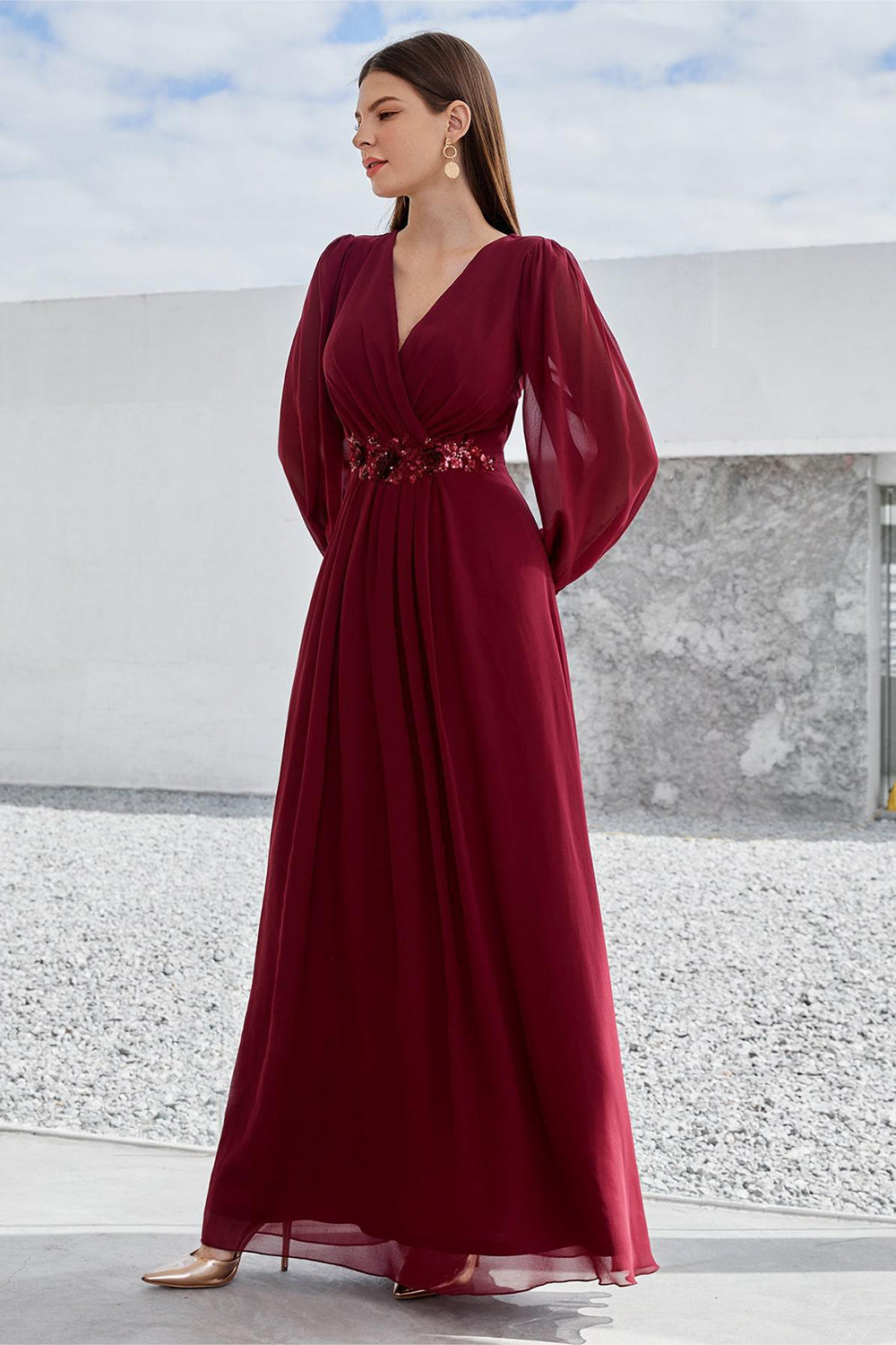 Burgundy Appliqued A-Line Long Sleeves Chiffon Choir Dress