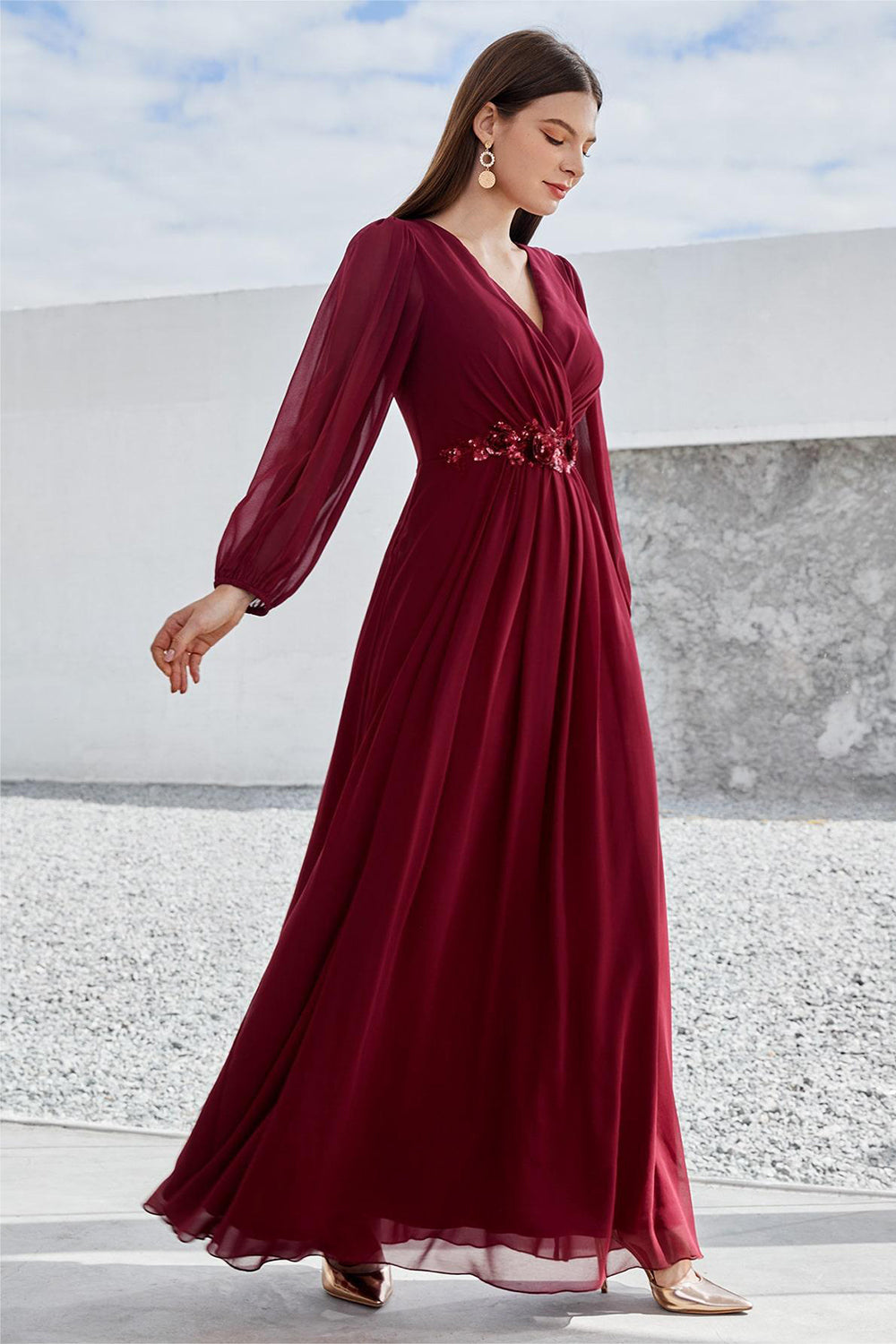 Robe de mariée coupe trapèze bordeaux à manches longues pour la mère de la mariée