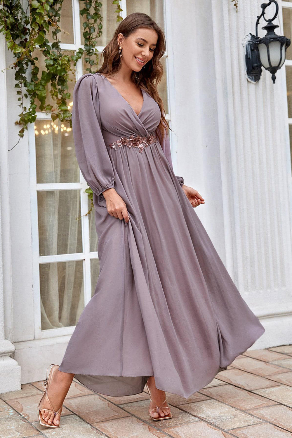 Burgundy Appliqued A-Line Long Sleeves Chiffon Choir Dress