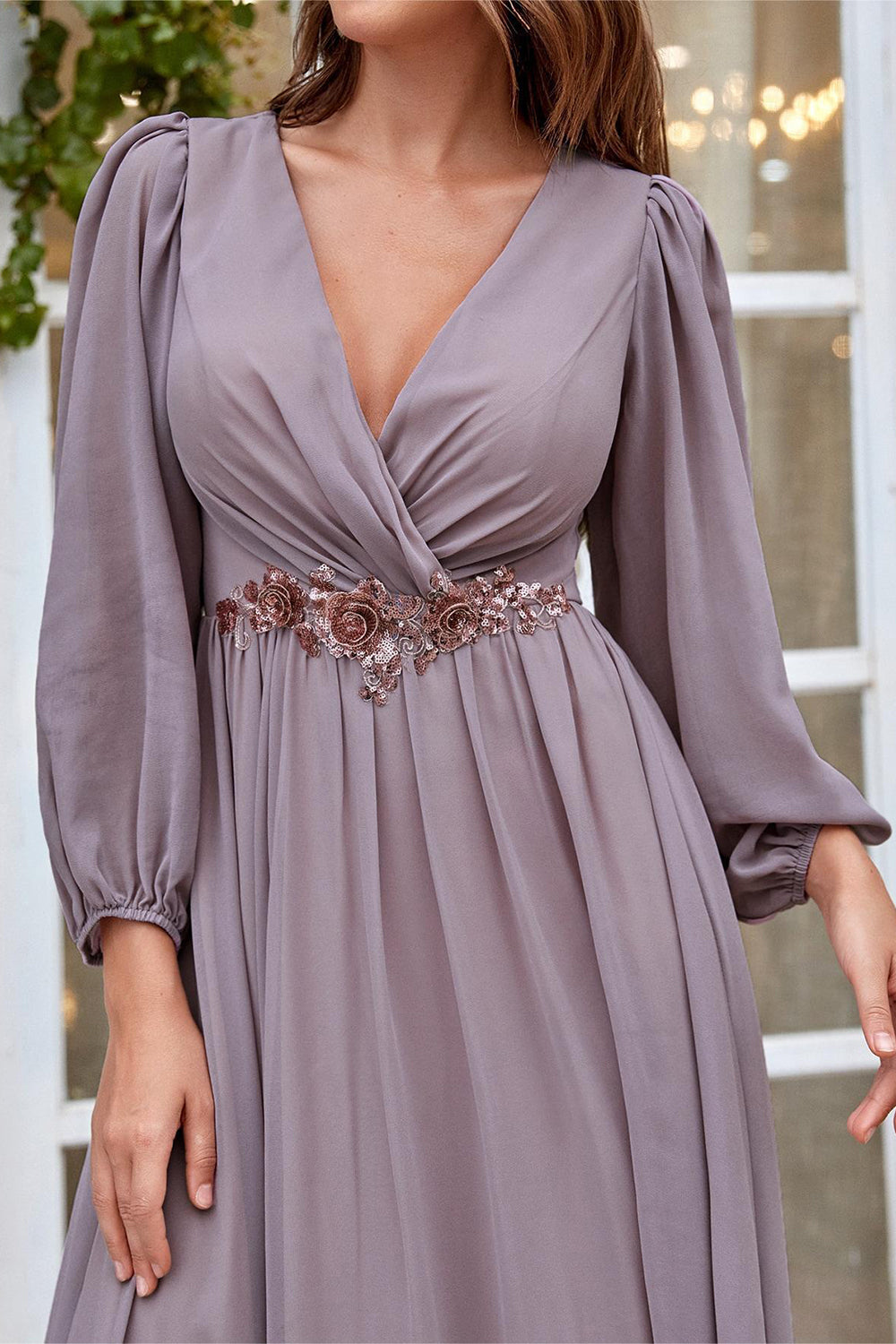 Burgundy Appliqued A-Line Long Sleeves Chiffon Choir Dress