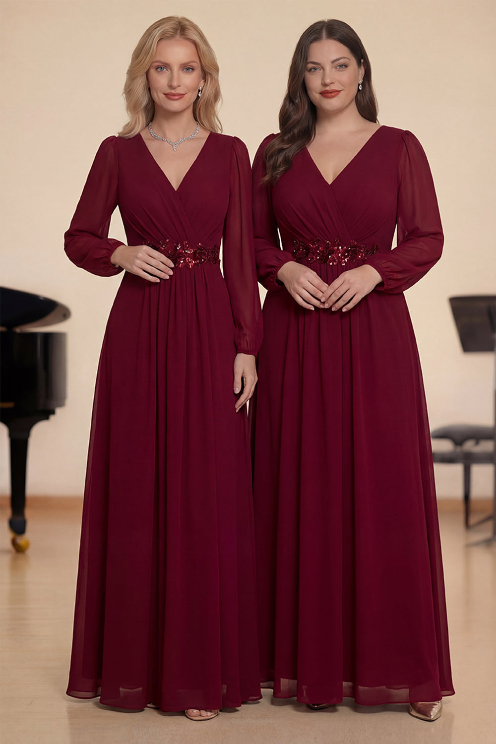 Burgundy Appliqued A-Line Long Sleeves Chiffon Choir Dress