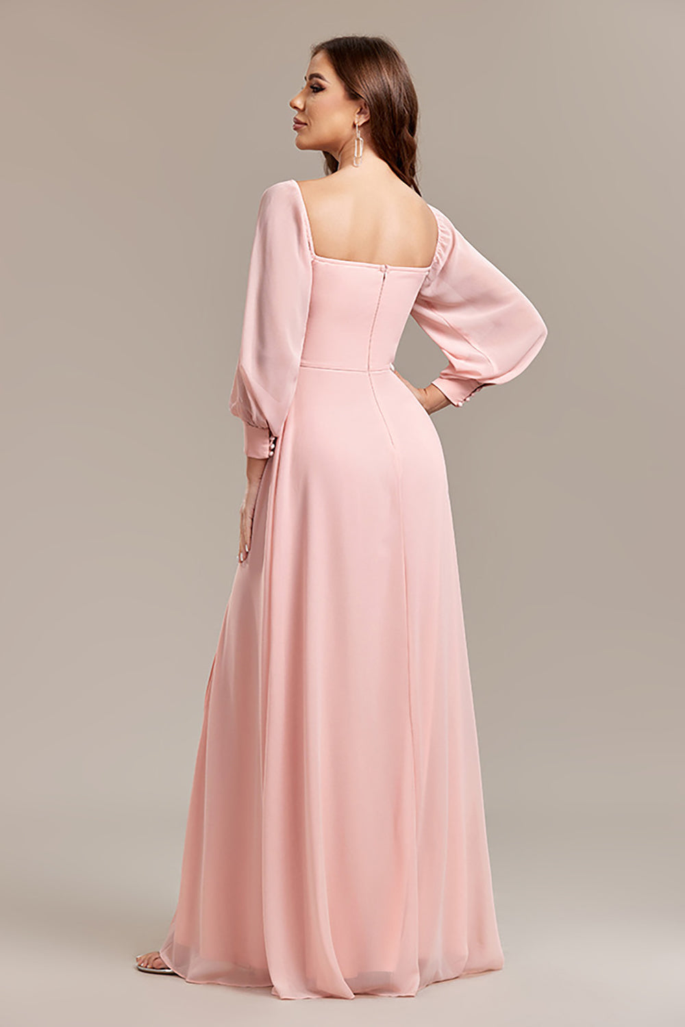 Robe longue de soirée de ligne A à épaules dénudées avec fente, couleur blush
