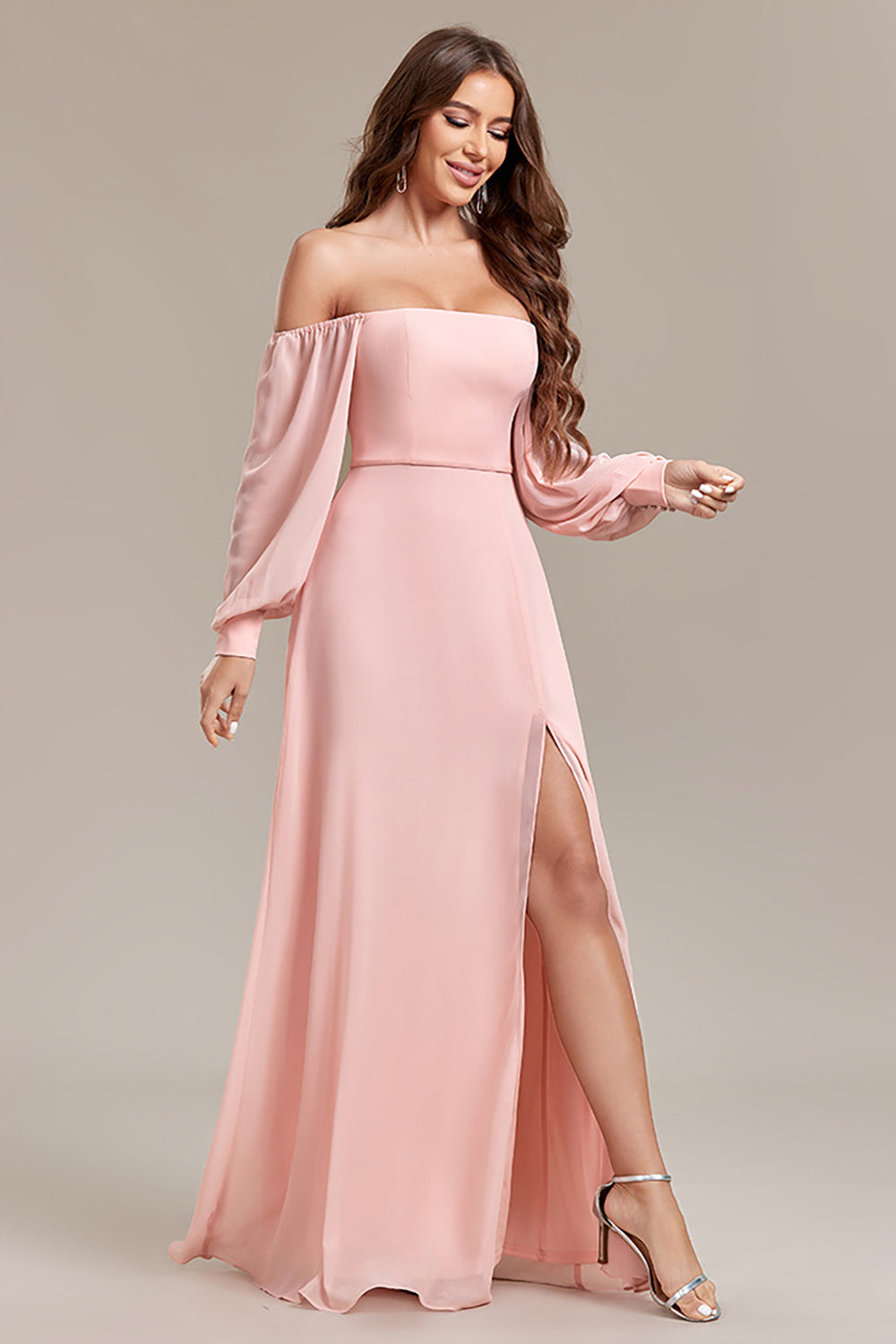 Robe longue de soirée de ligne A à épaules dénudées avec fente, couleur blush