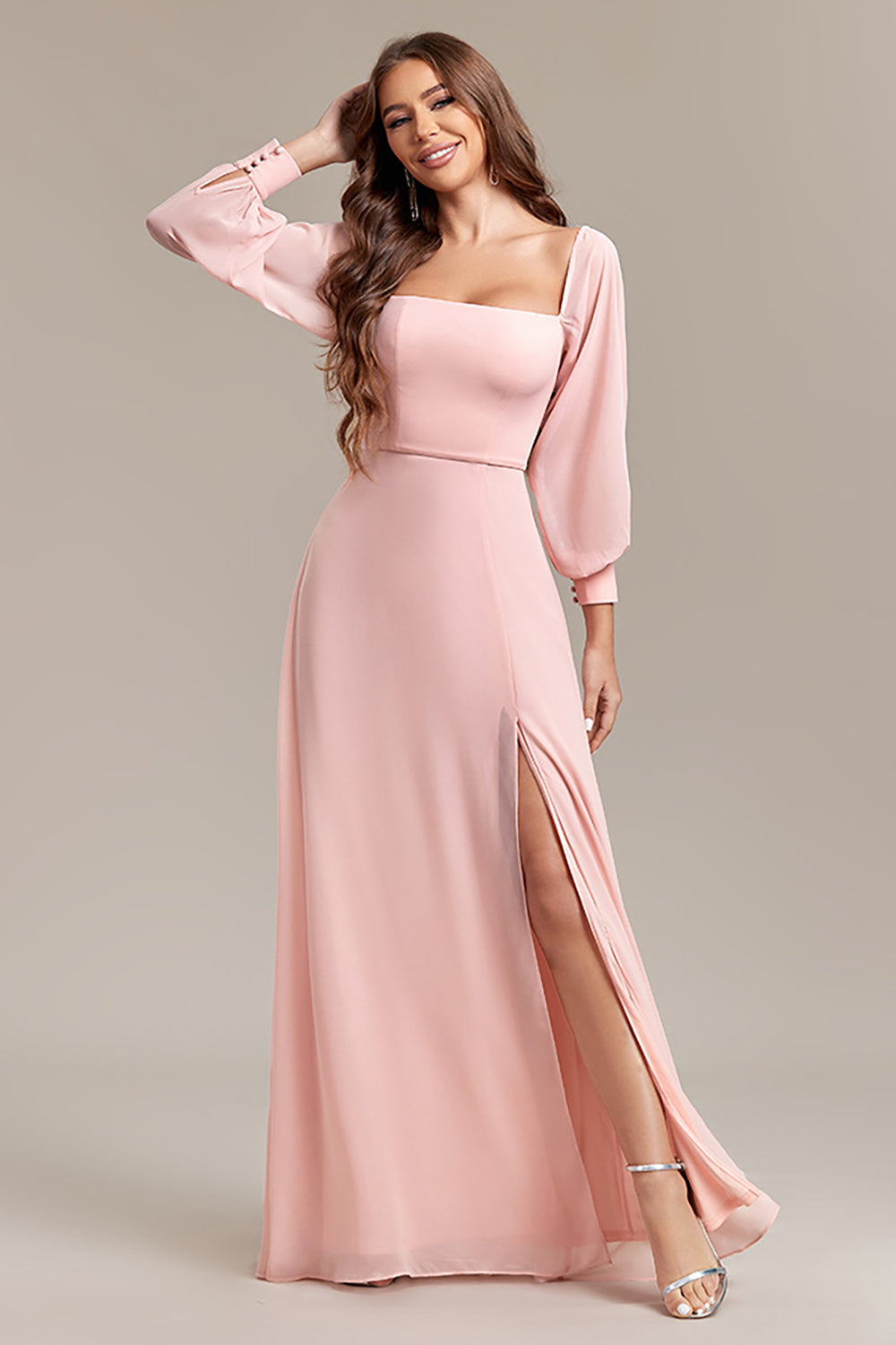 Robe longue de soirée de ligne A à épaules dénudées avec fente, couleur blush