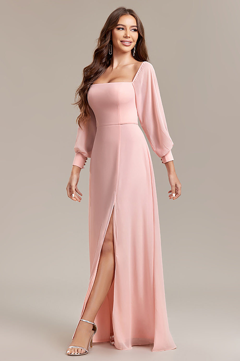 Robe longue de soirée de ligne A à épaules dénudées avec fente, couleur blush