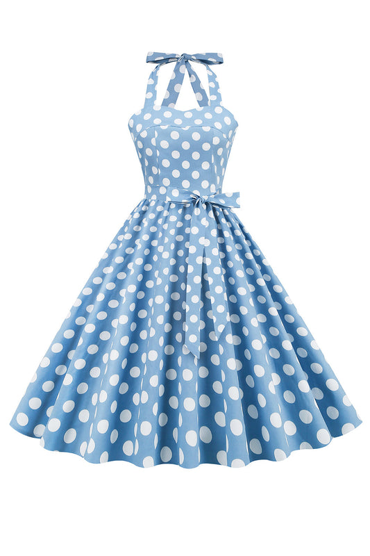 Halter Blue Polka Dot 1950s Dress
