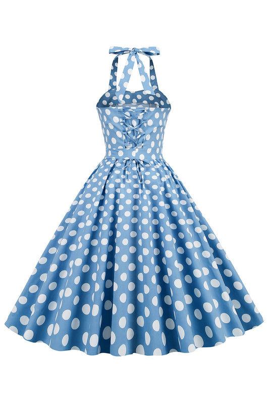 Halter Blue Polka Dot 1950s Dress