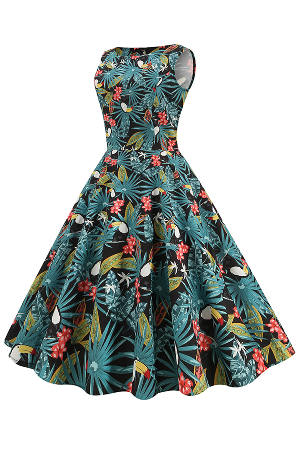 Robe vintage Années 50 Imprimé Feuilles Vertes