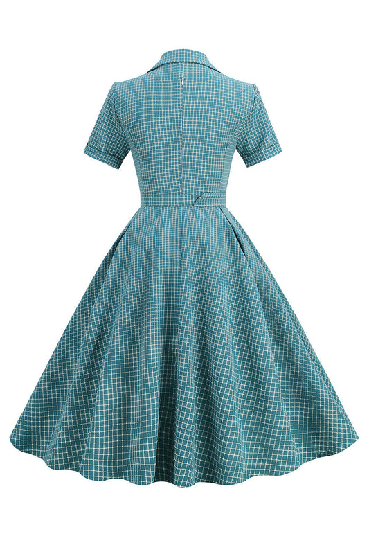 Robe Vintage Col en V Carreaux Bleus Années 50