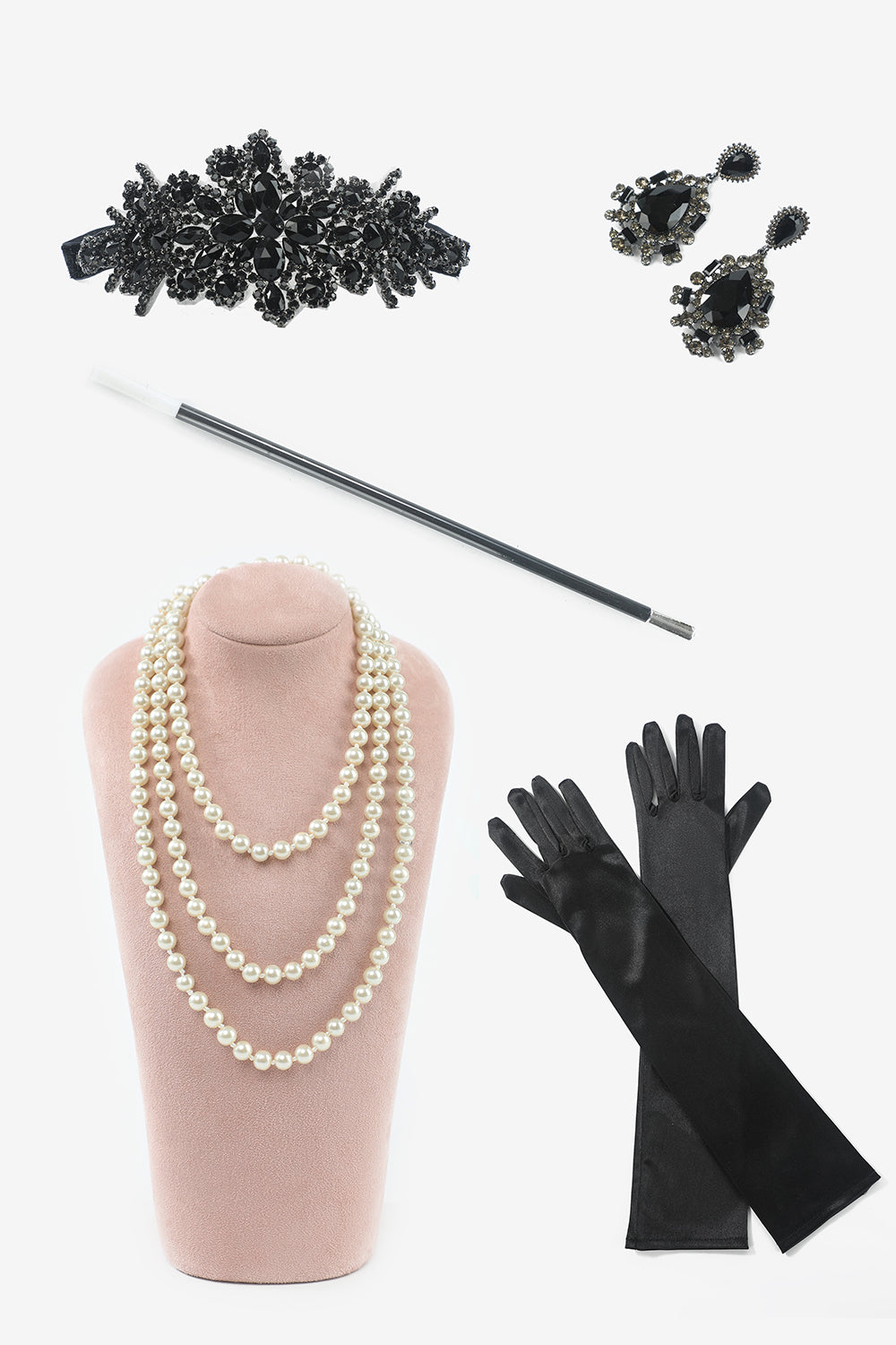 Black Headpiece Drop Earrings Five-Piece 1920s Accessory Set