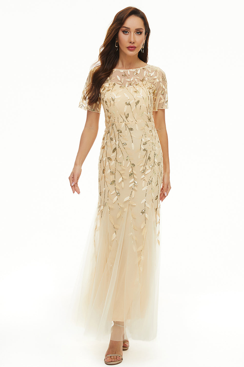 Leaves Sequins Mother Of The Bride Dress with Short Sleeves