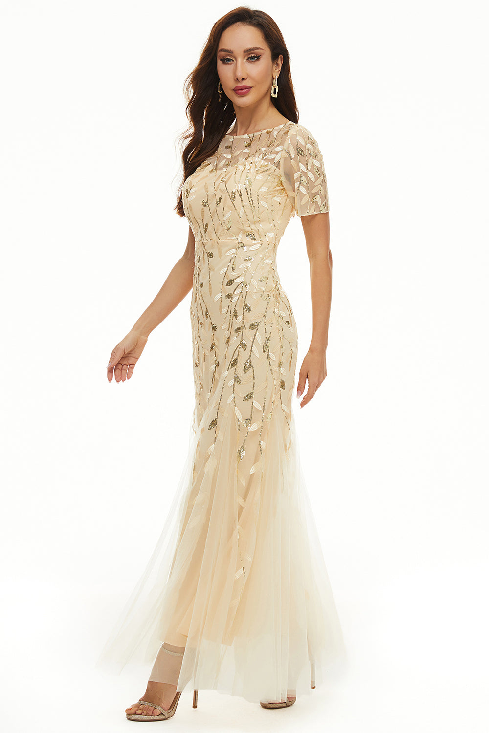 Leaves Sequins Mother Of The Bride Dress with Short Sleeves