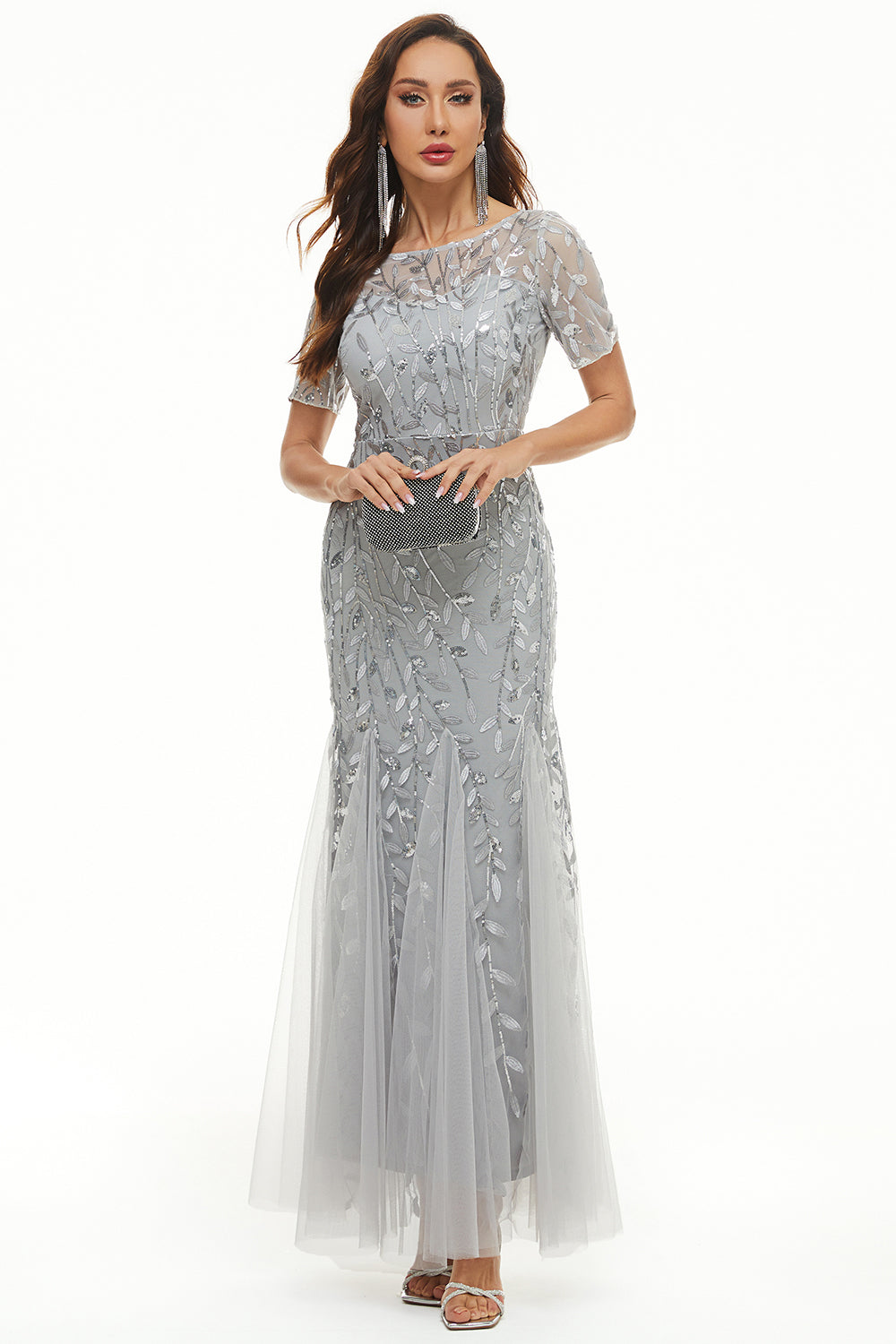 Leaves Sequins Mother Of The Bride Dress with Short Sleeves