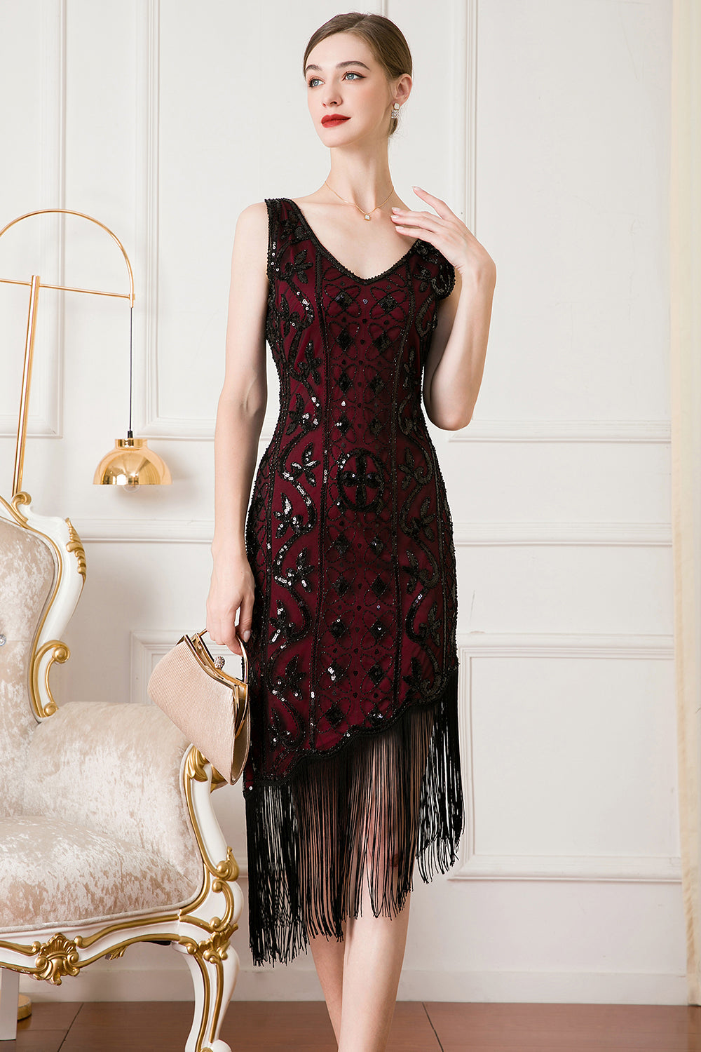 Robe Flapper Noire à Paillettes Années 20 avec Franges