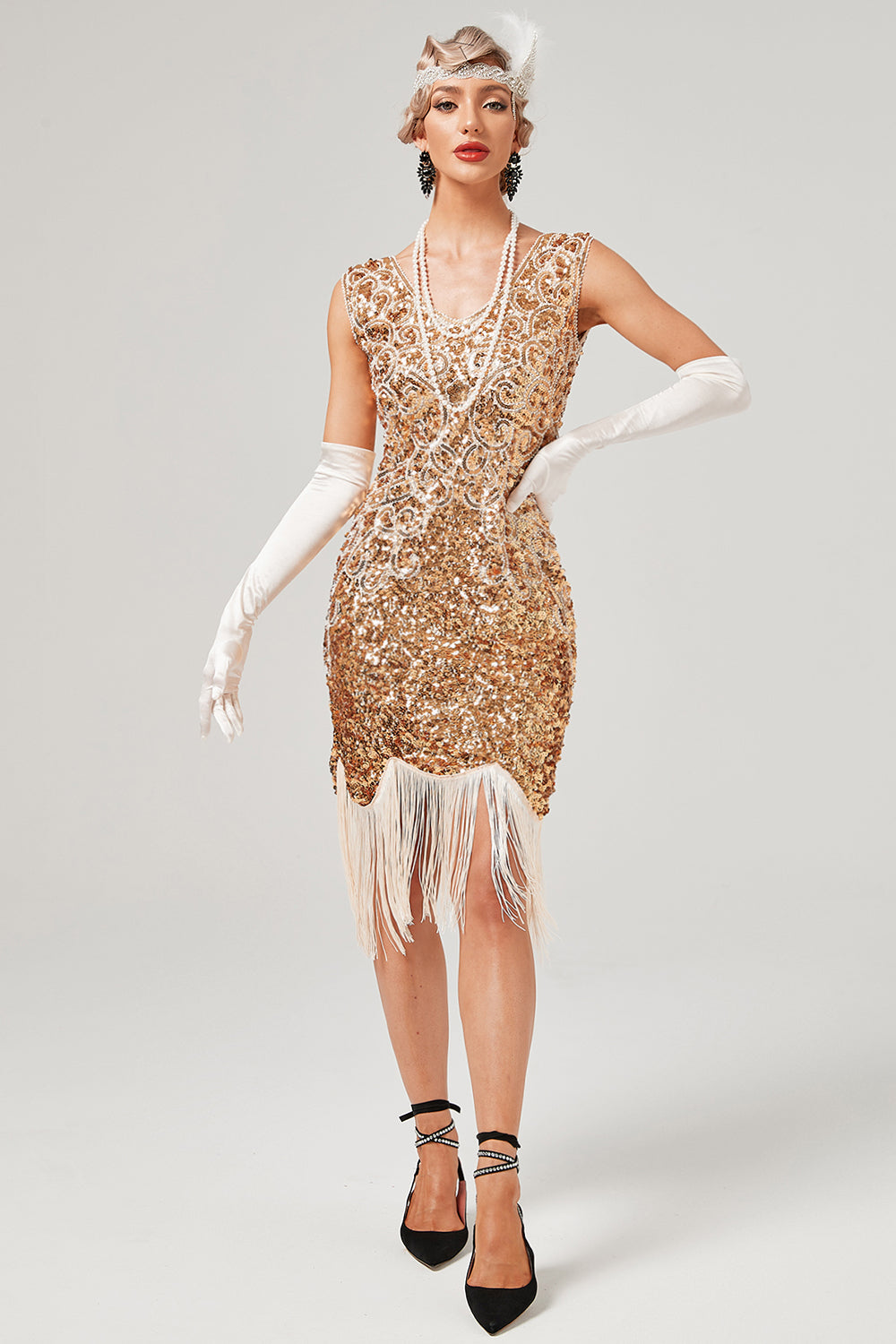 Robe Gatsby à paillettes vert foncé, col en V et franges