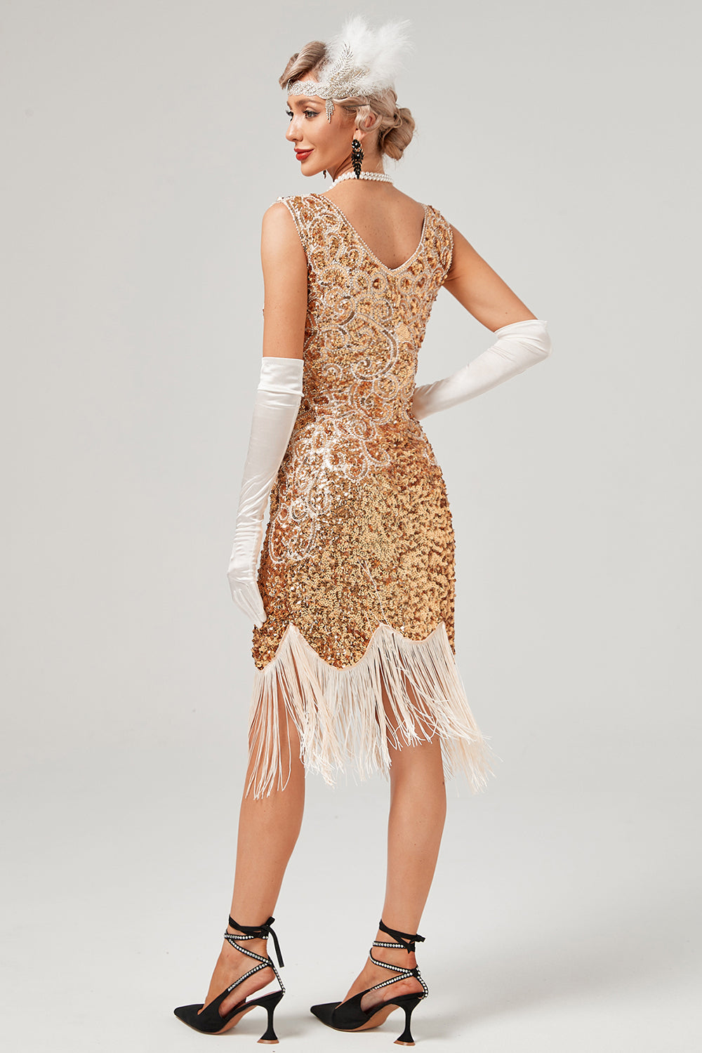 Robe Gatsby à paillettes vert foncé, col en V et franges