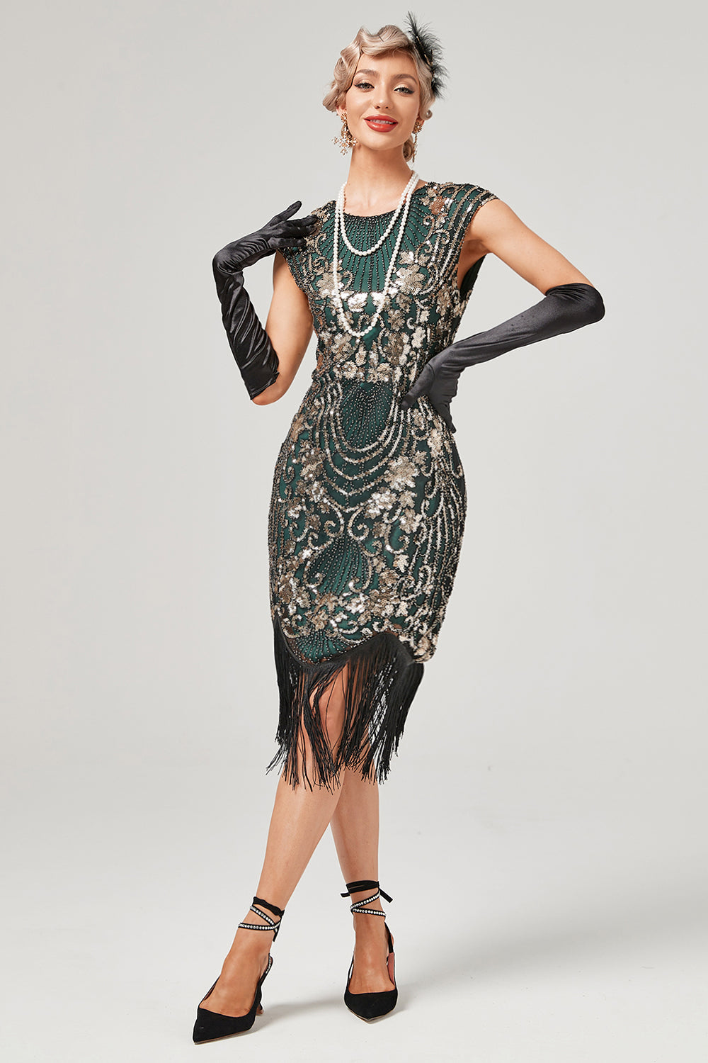 Robe Années 20 Col Rond Vert Broderie Dorée À Franges