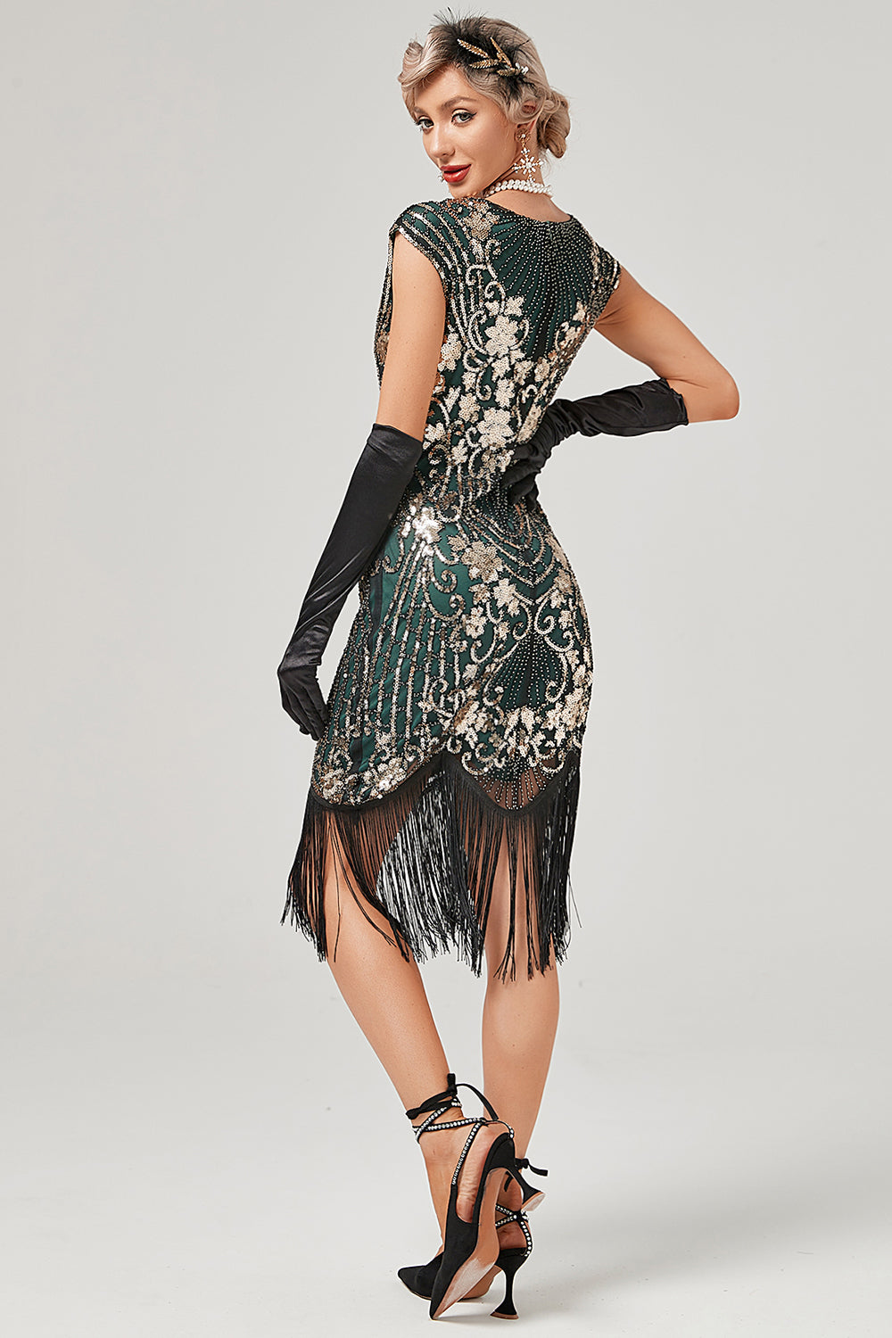 Robe Années 20 Col Rond Vert Broderie Dorée À Franges