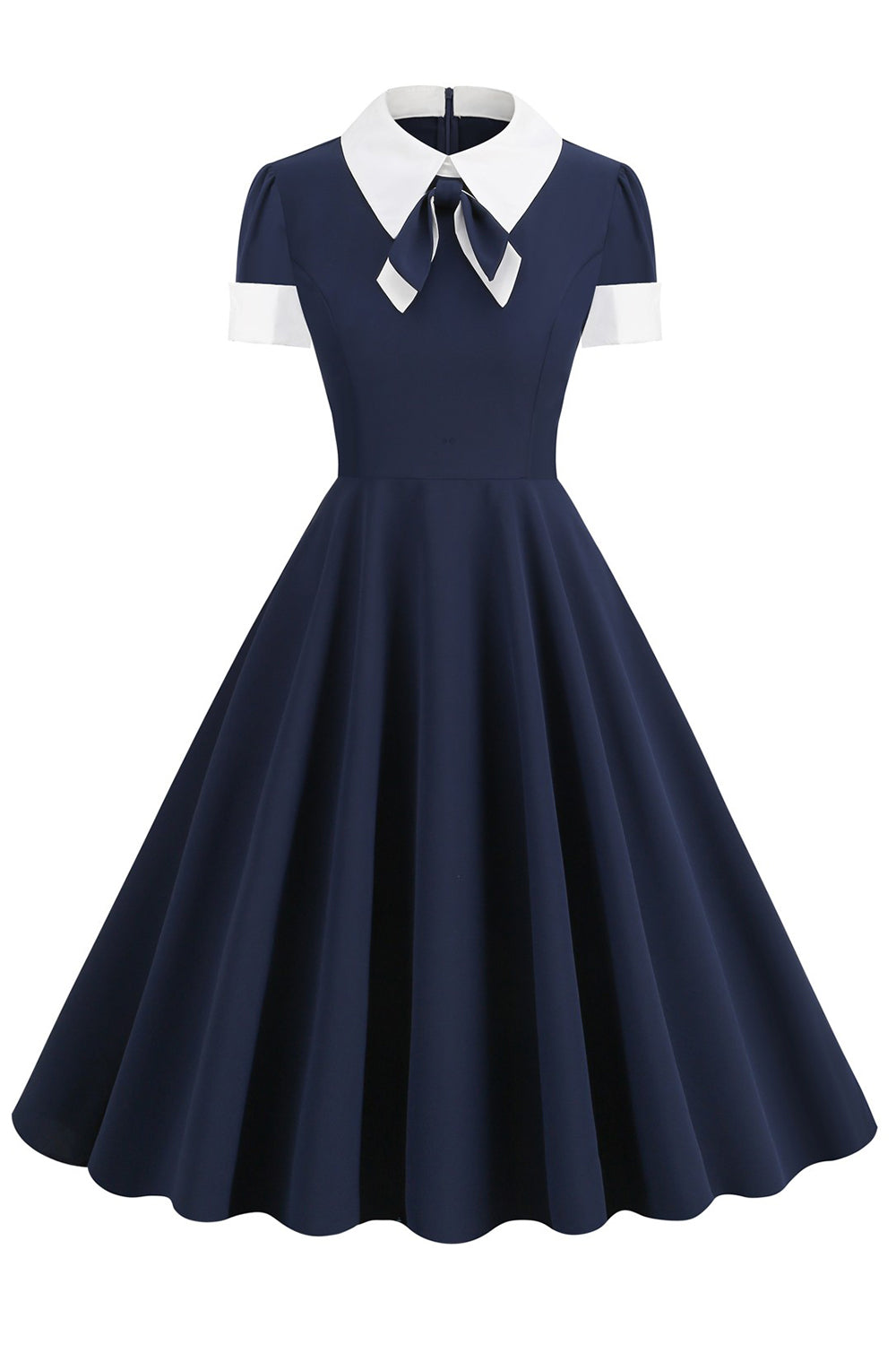 Robe bleu marine des années 50 à encolure ronde avec nœud papillon