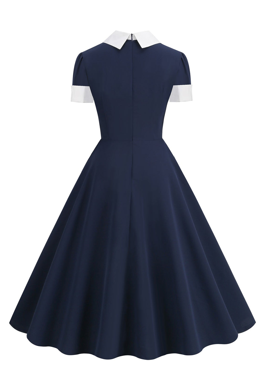 Robe bleu marine des années 50 à encolure ronde avec nœud papillon