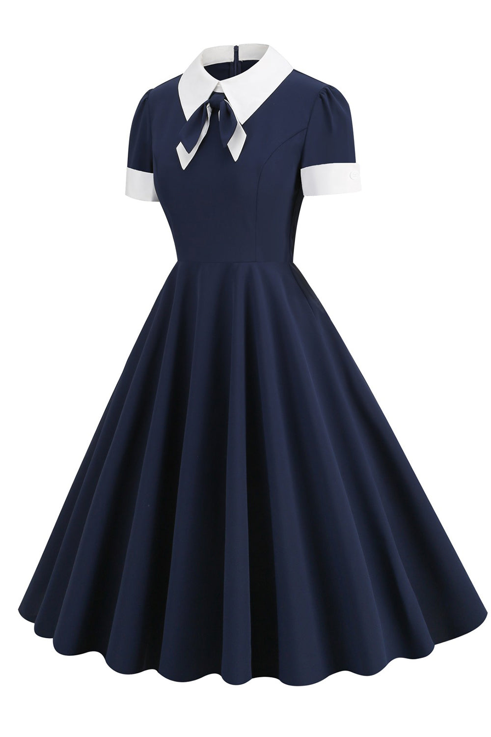 Robe bleu marine des années 50 à encolure ronde avec nœud papillon