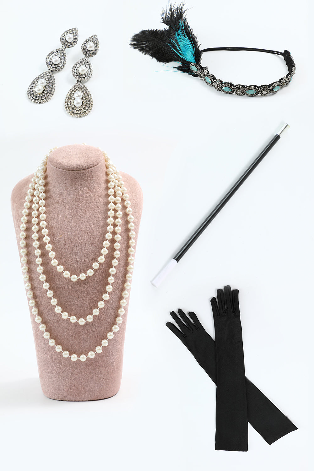 Parure d'accessoires de fête années 20 : bandeau, boucles d'oreilles pendantes, cinq pièces