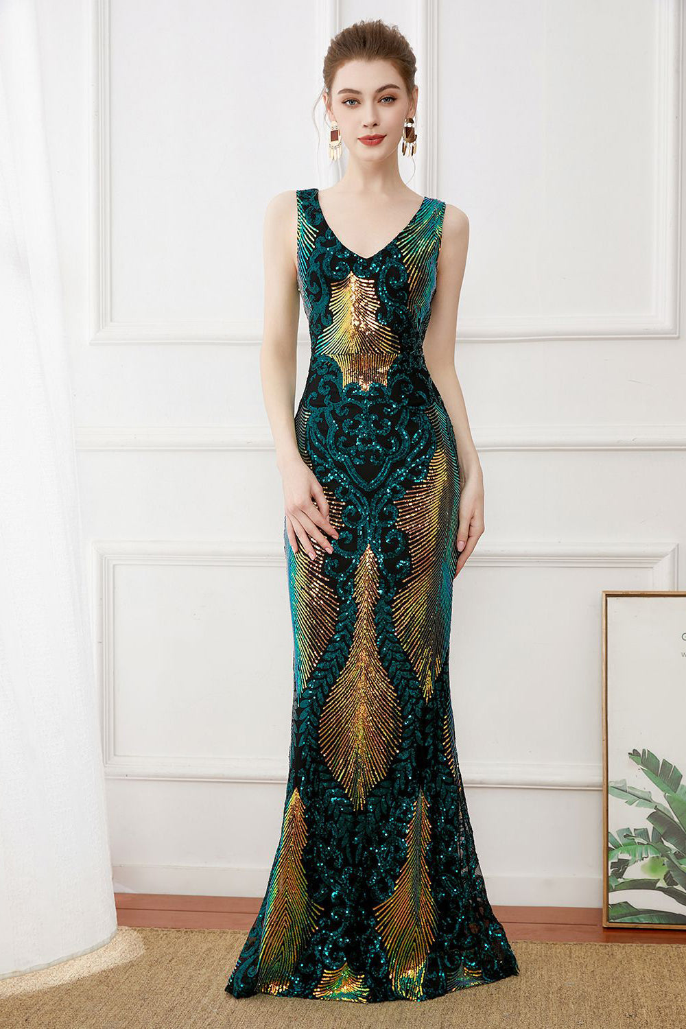 Robe longue fourreau à paillettes vert foncé, style années 20
