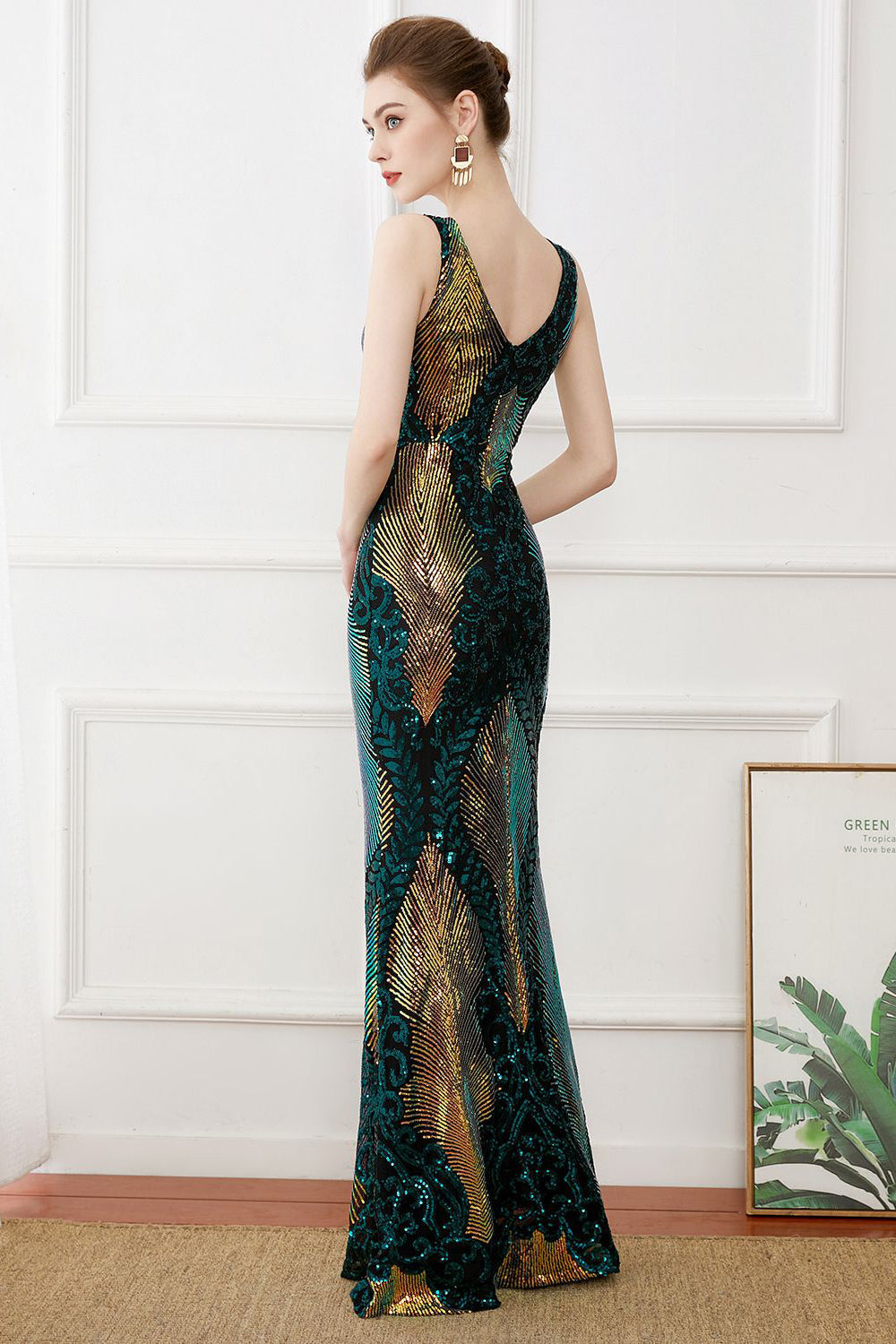 Robe longue fourreau à paillettes vert foncé, style années 20