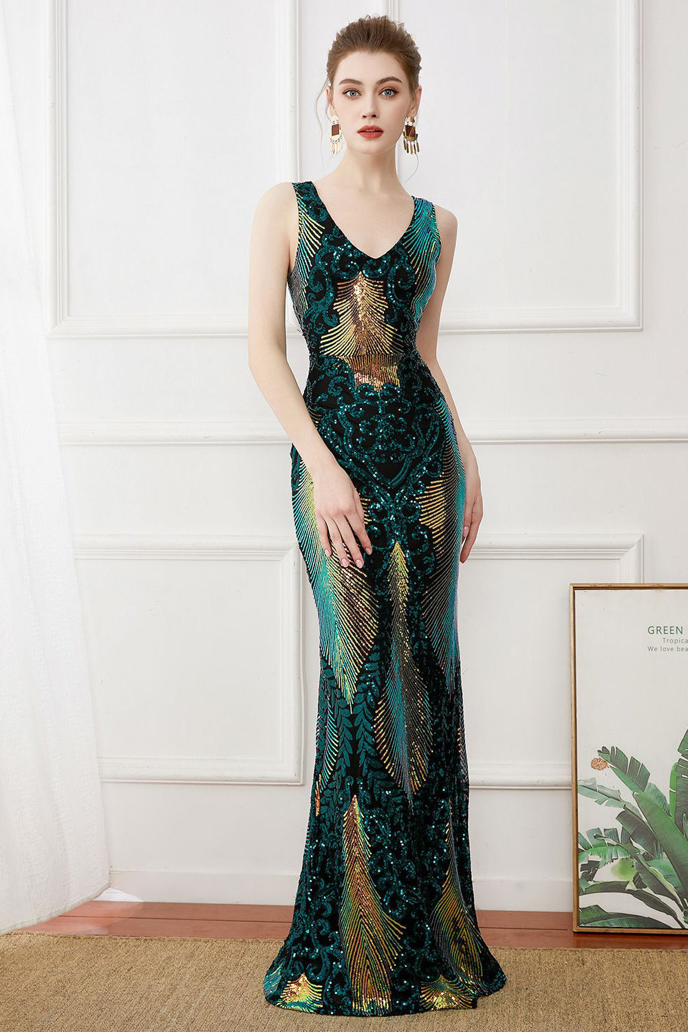 Robe longue fourreau à paillettes vert foncé, style années 20