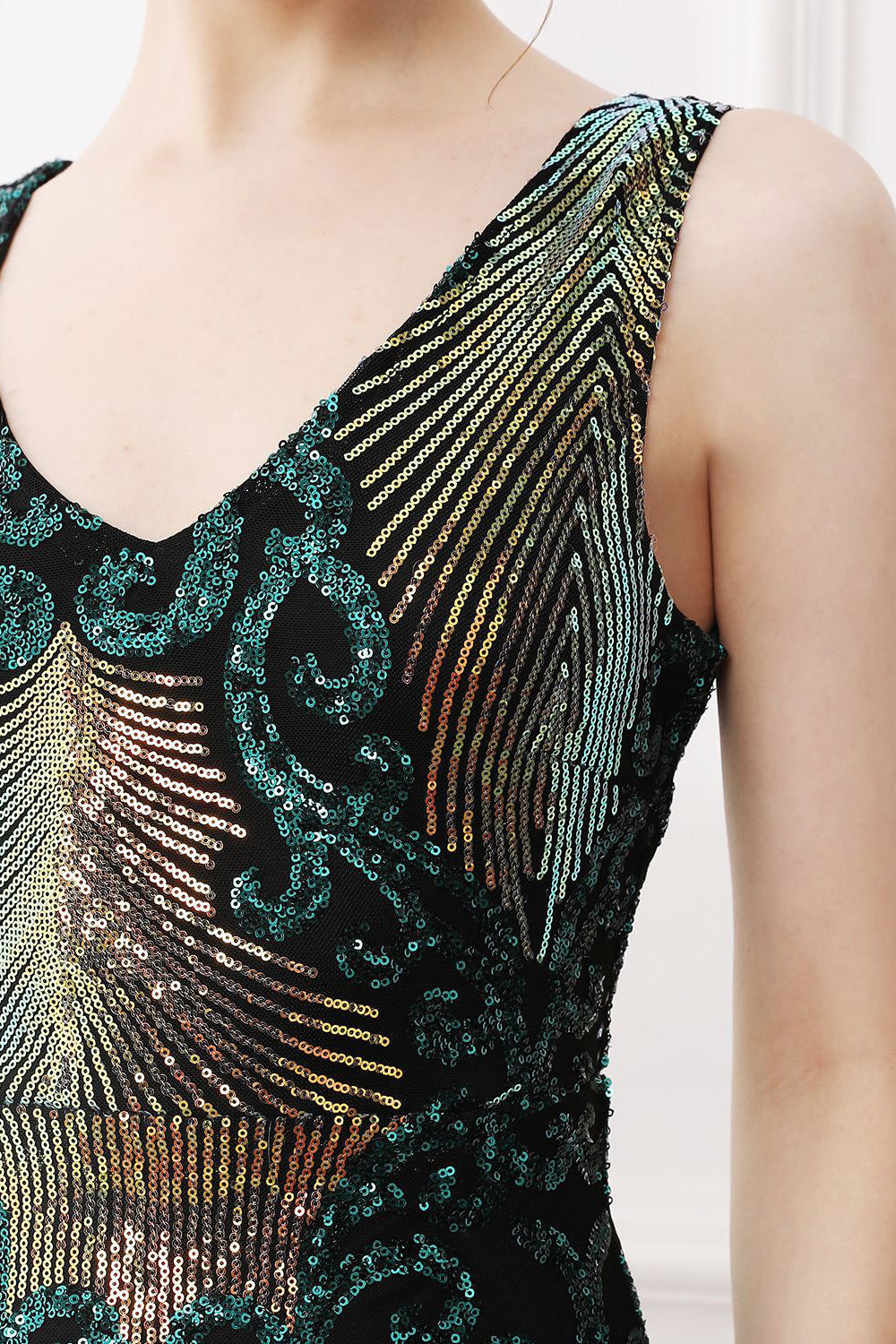 Robe longue fourreau à paillettes vert foncé, style années 20